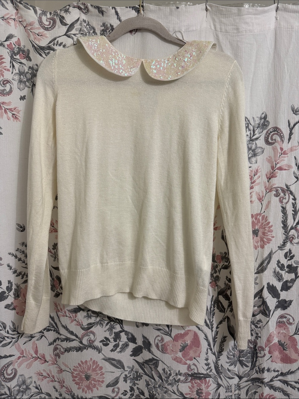H&M Cream Sweater with Iridescent Sequin Peter Pan Collar